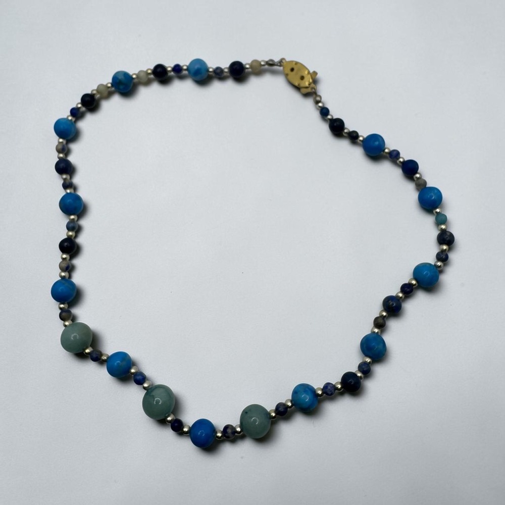 Vintage Blue Lapis Lazuli & Green Aventurine Beaded Necklace Artisan Coastal